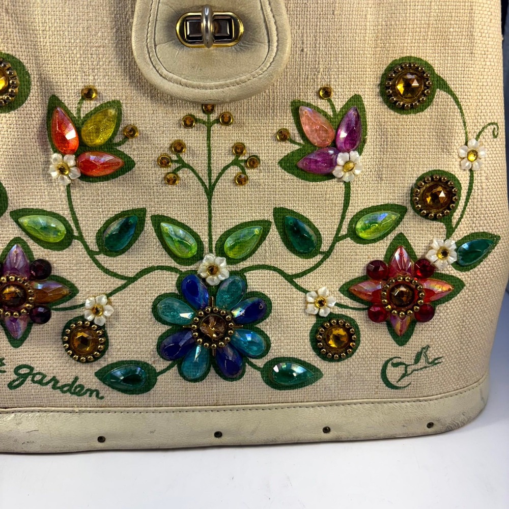 Vintage Enid Collins Flower Garden Jeweled Canvas Leather Handbag Horse Logo - Picture 8 of 15